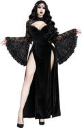 GothDark Gothic Dress for Women Bell Sleeve Lace High Slit Halloween Dress