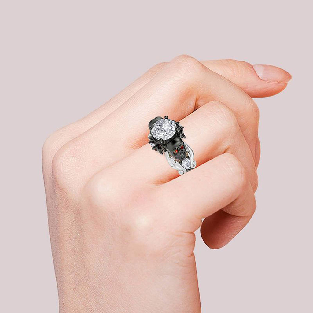 Jeulia 2.55ct Skull Engagement Ring Sets Sterling Silver Heart Cut Red Diamond Ruby Rings Cubic Zirconia Wedding Promise Anniversary Romantic Jewelry for Women Grils Bridal with Gift Box