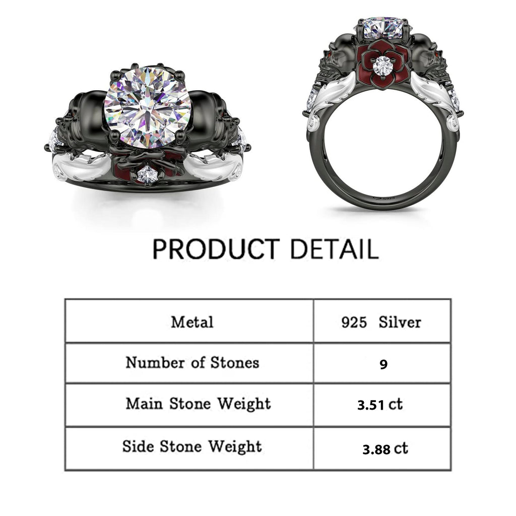 Jeulia 2.55ct Skull Engagement Ring Sets Sterling Silver Heart Cut Red Diamond Ruby Rings Cubic Zirconia Wedding Promise Anniversary Romantic Jewelry for Women Grils Bridal with Gift Box