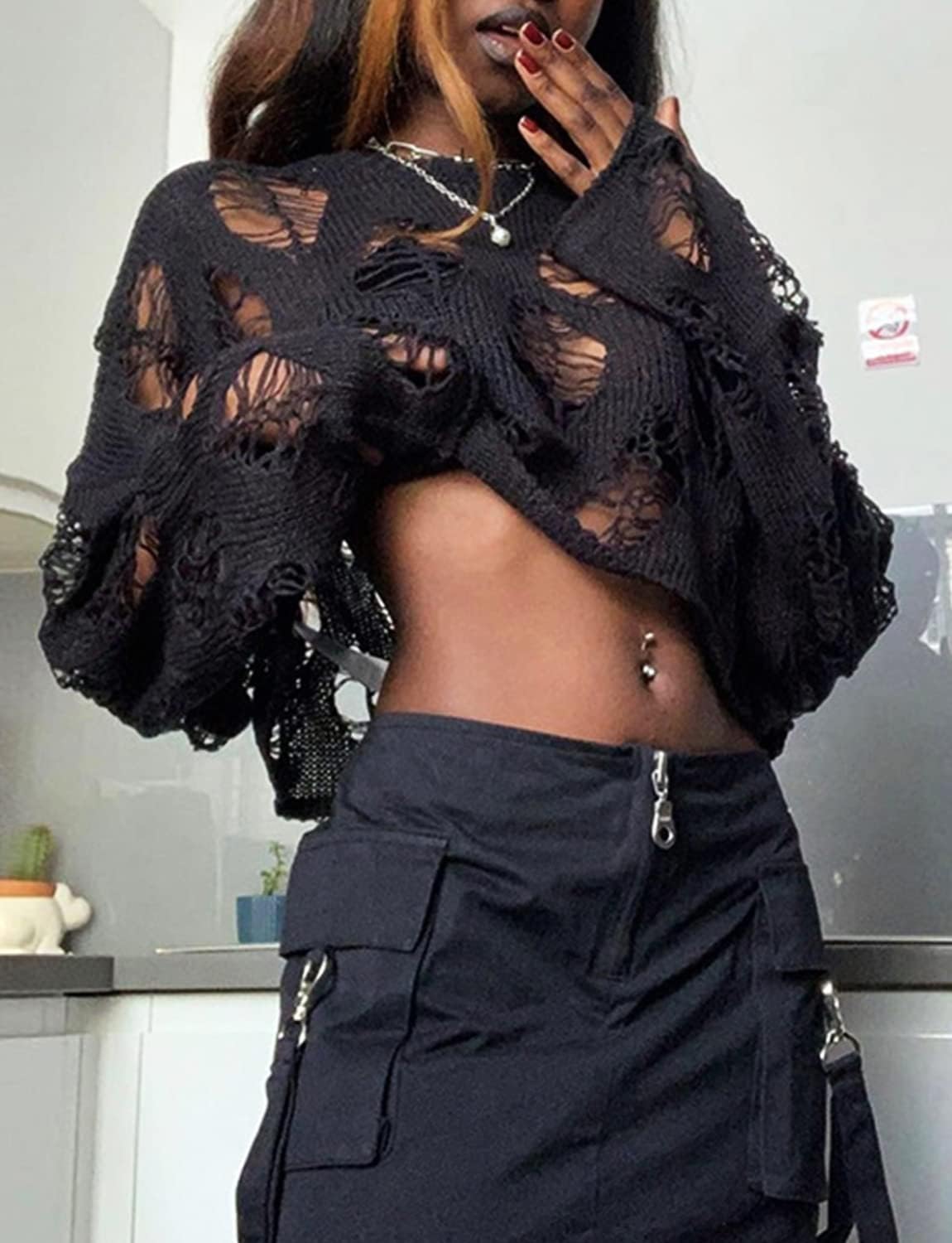 Women's See Through Hole Ripped Crop Tops Knit Pullover Short Sweaters