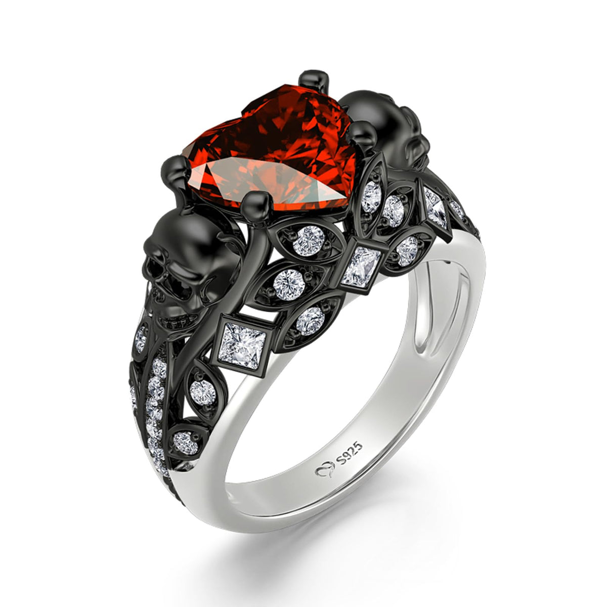 Jeulia 2.55ct Skull Engagement Ring Sets Sterling Silver Heart Cut Red Diamond Ruby Rings Cubic Zirconia Wedding Promise Anniversary Romantic Jewelry for Women Grils Bridal with Gift Box