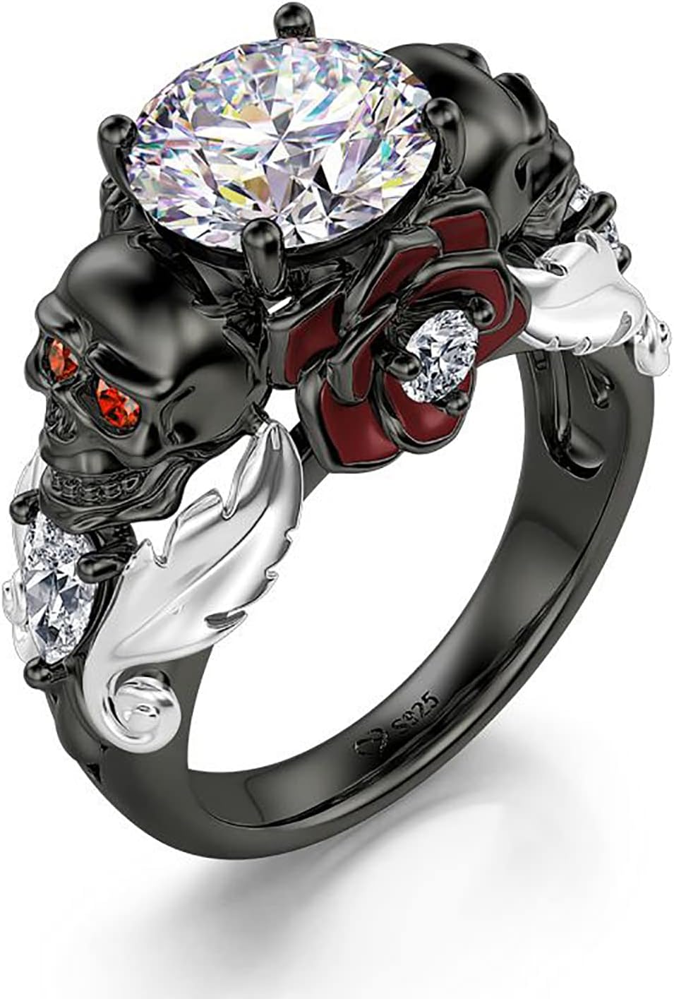 Jeulia 2.55ct Skull Engagement Ring Sets Sterling Silver Heart Cut Red Diamond Ruby Rings Cubic Zirconia Wedding Promise Anniversary Romantic Jewelry for Women Grils Bridal with Gift Box