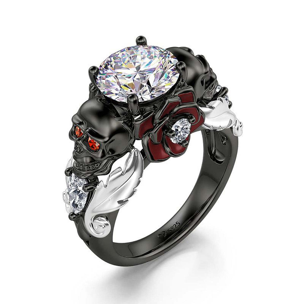 Jeulia 2.55ct Skull Engagement Ring Sets Sterling Silver Heart Cut Red Diamond Ruby Rings Cubic Zirconia Wedding Promise Anniversary Romantic Jewelry for Women Grils Bridal with Gift Box