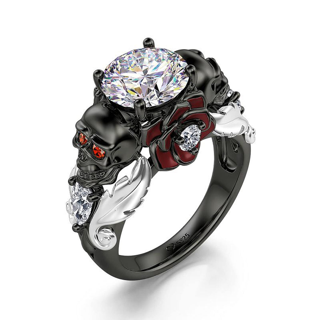 Jeulia 2.55ct Skull Engagement Ring Sets Sterling Silver Heart Cut Red Diamond Ruby Rings Cubic Zirconia Wedding Promise Anniversary Romantic Jewelry for Women Grils Bridal with Gift Box