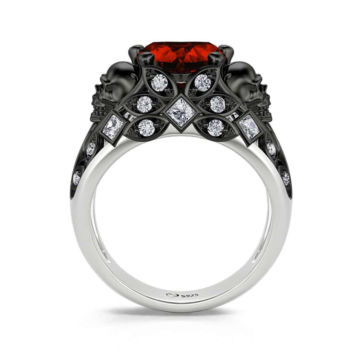 Jeulia 2.55ct Skull Engagement Ring Sets Sterling Silver Heart Cut Red Diamond Ruby Rings Cubic Zirconia Wedding Promise Anniversary Romantic Jewelry for Women Grils Bridal with Gift Box