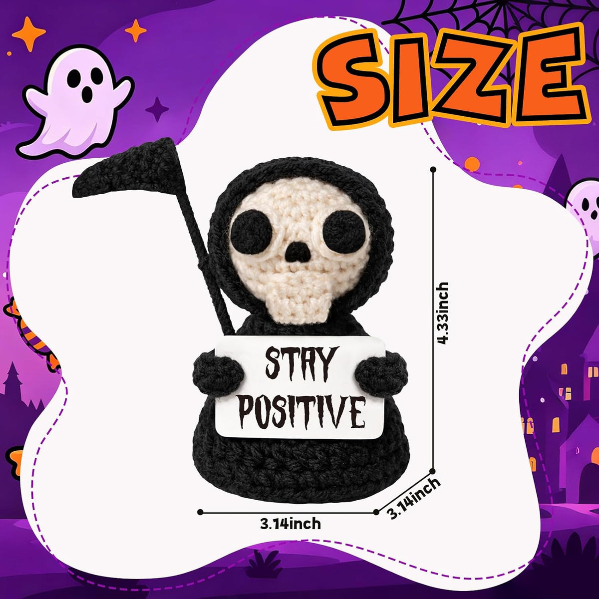 Funny Gothic Grim Reaper Crochet Plush - Spooky Cute Office Decor & Dark Humor Gift - Stay Positive Sarcastic Halloween Basket Stuffers for Coworker Friend White Elephant Adult
