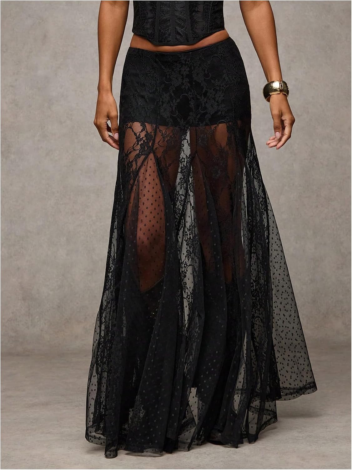 MakeMeChic Women's Lace Sheer Maxi Skirts Polka Dots Ruffle Gothic Skirts