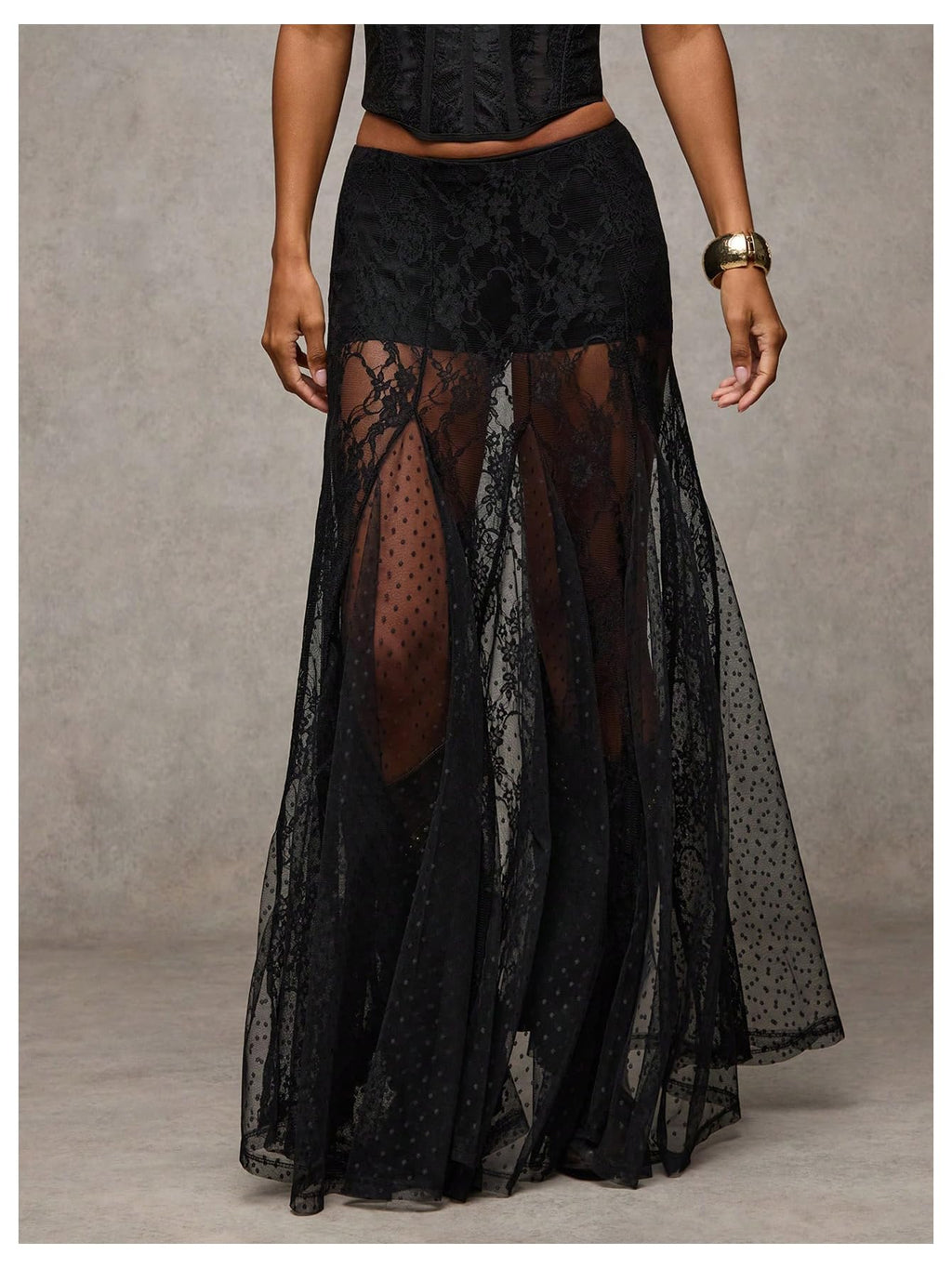 MakeMeChic Women's Lace Sheer Maxi Skirts Polka Dots Ruffle Gothic Skirts
