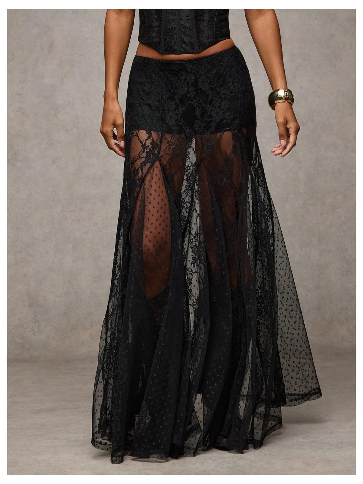 MakeMeChic Women's Lace Sheer Maxi Skirts Polka Dots Ruffle Gothic Skirts