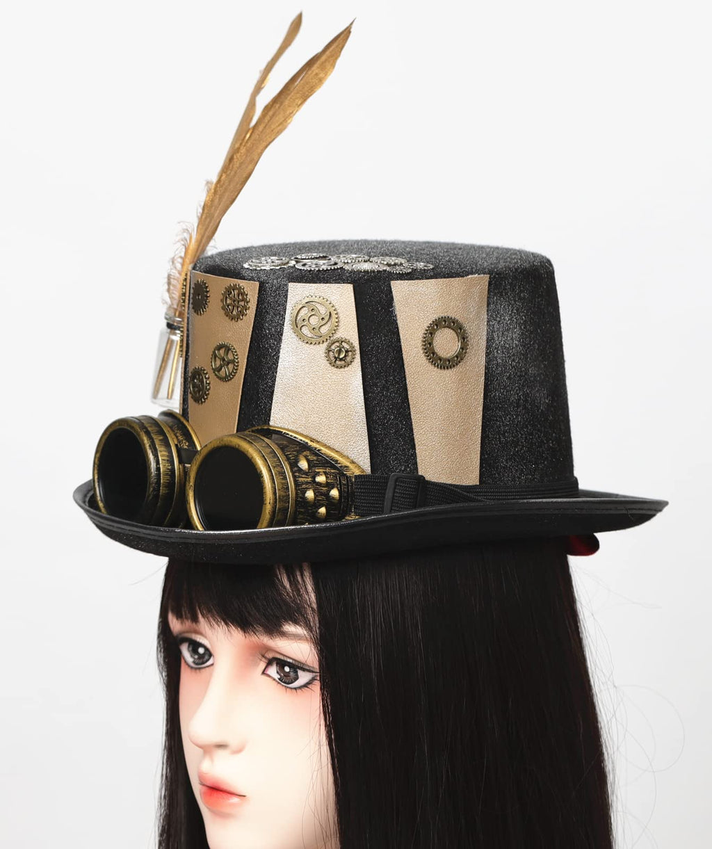 Unisex Gothic Steampunk Top Hats with Goggle Gear Halloween Hat Headwear Men Women