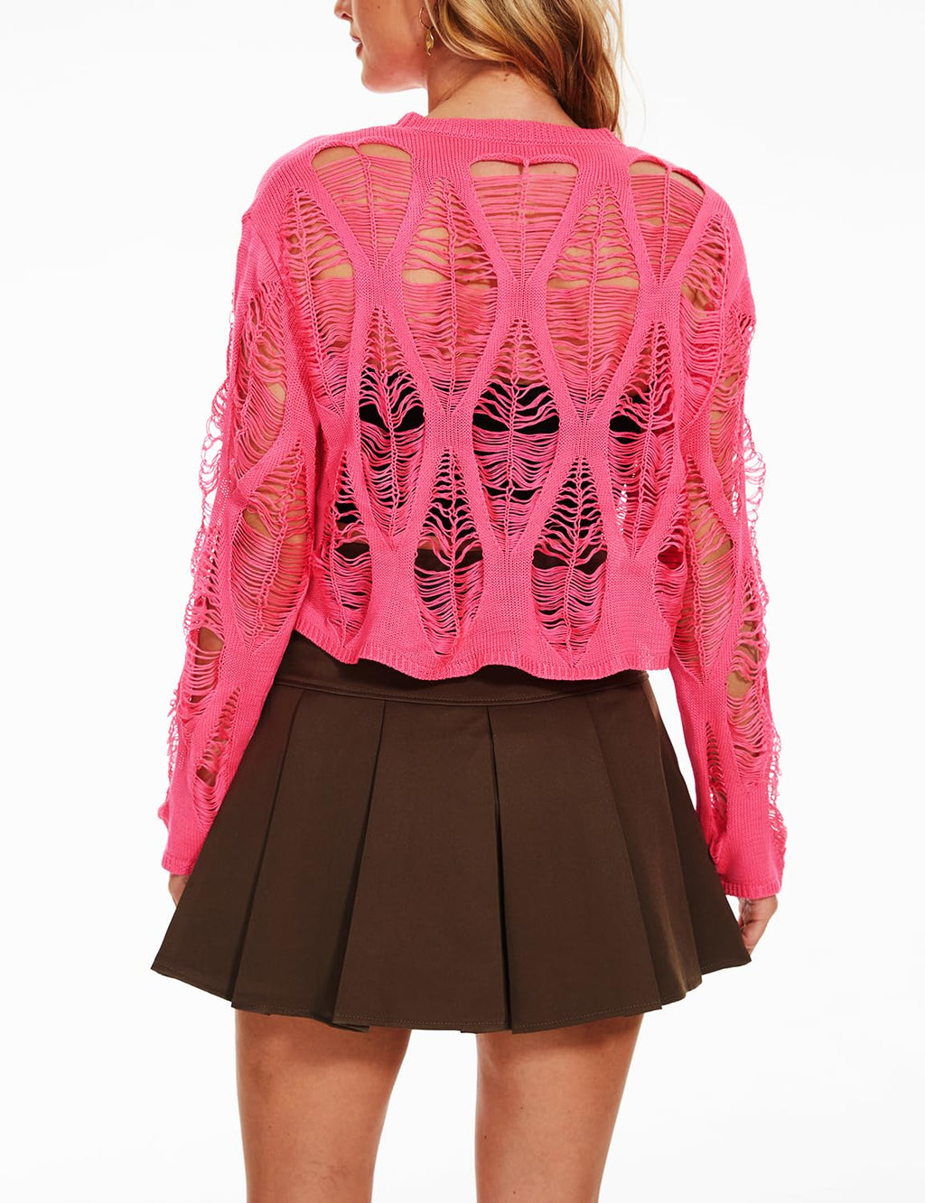 Women's See Through Hole Ripped Crop Tops Knit Pullover Short Sweaters