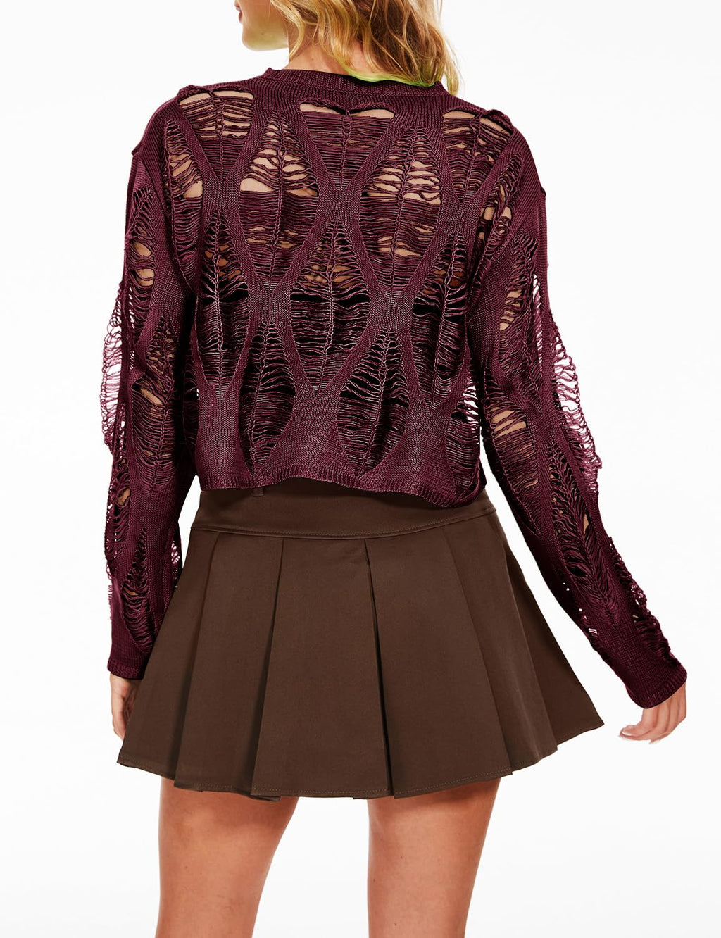 Women's See Through Hole Ripped Crop Tops Knit Pullover Short Sweaters