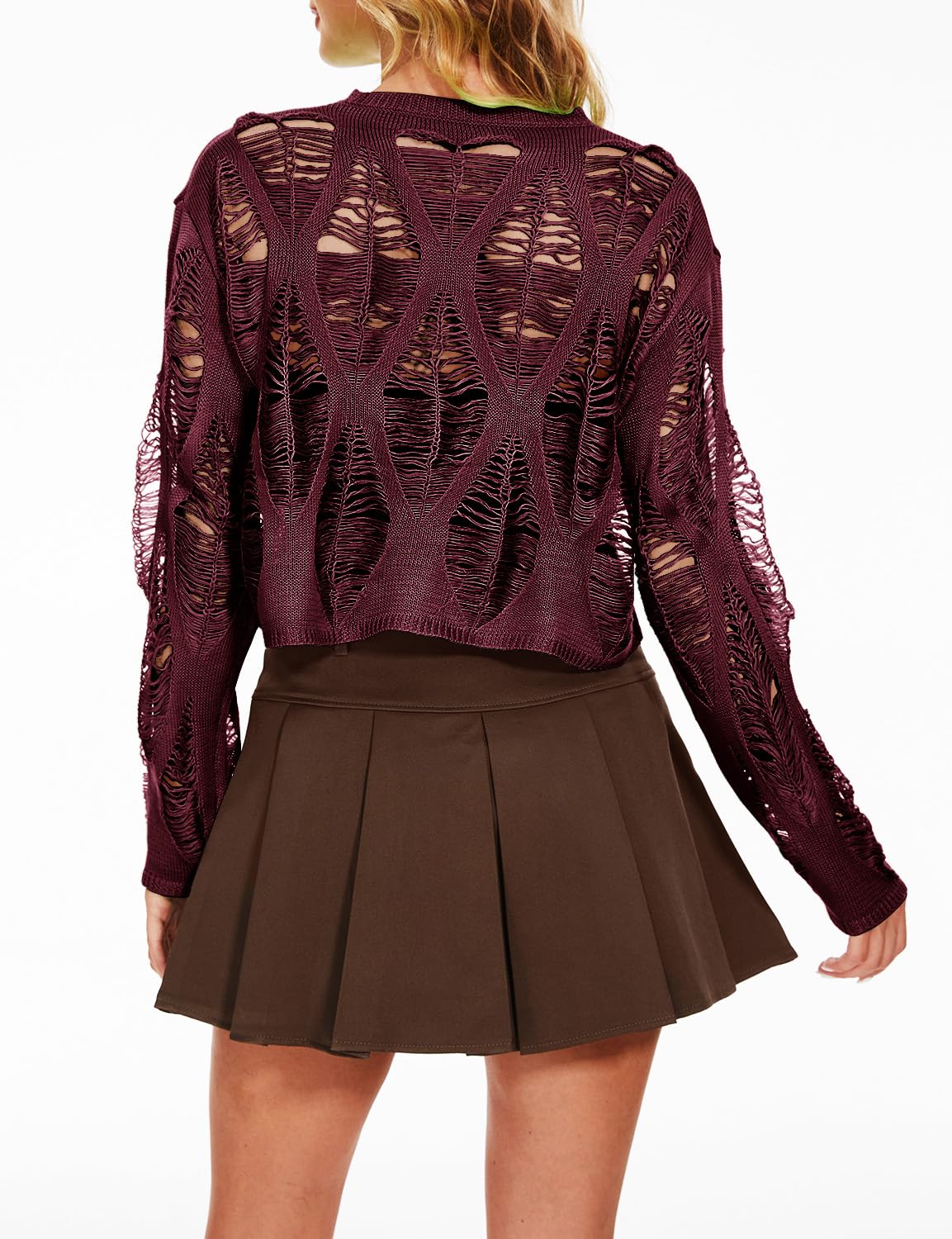 Women's See Through Hole Ripped Crop Tops Knit Pullover Short Sweaters