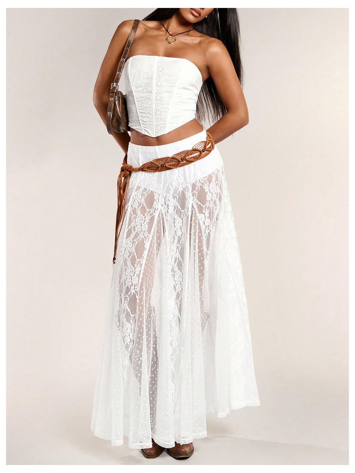 MakeMeChic Women's Lace Sheer Maxi Skirts Polka Dots Ruffle Gothic Skirts