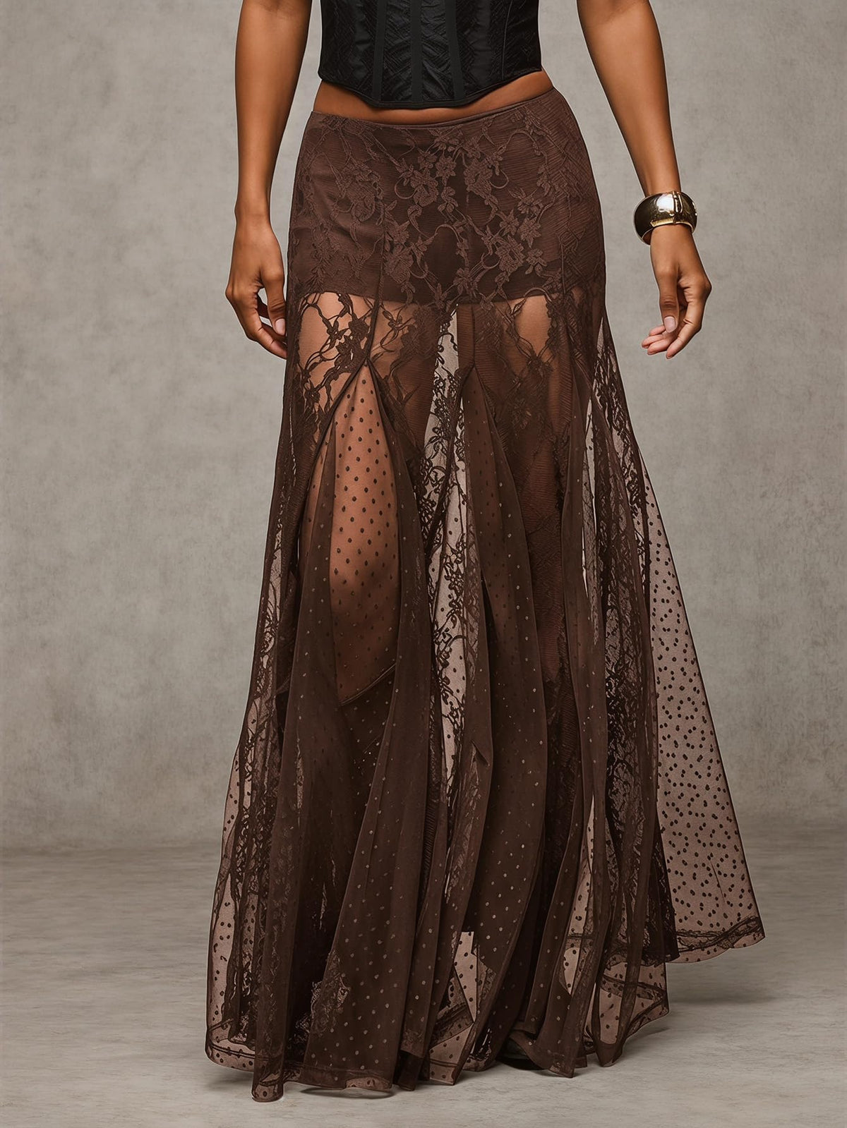 MakeMeChic Women's Lace Sheer Maxi Skirts Polka Dots Ruffle Gothic Skirts