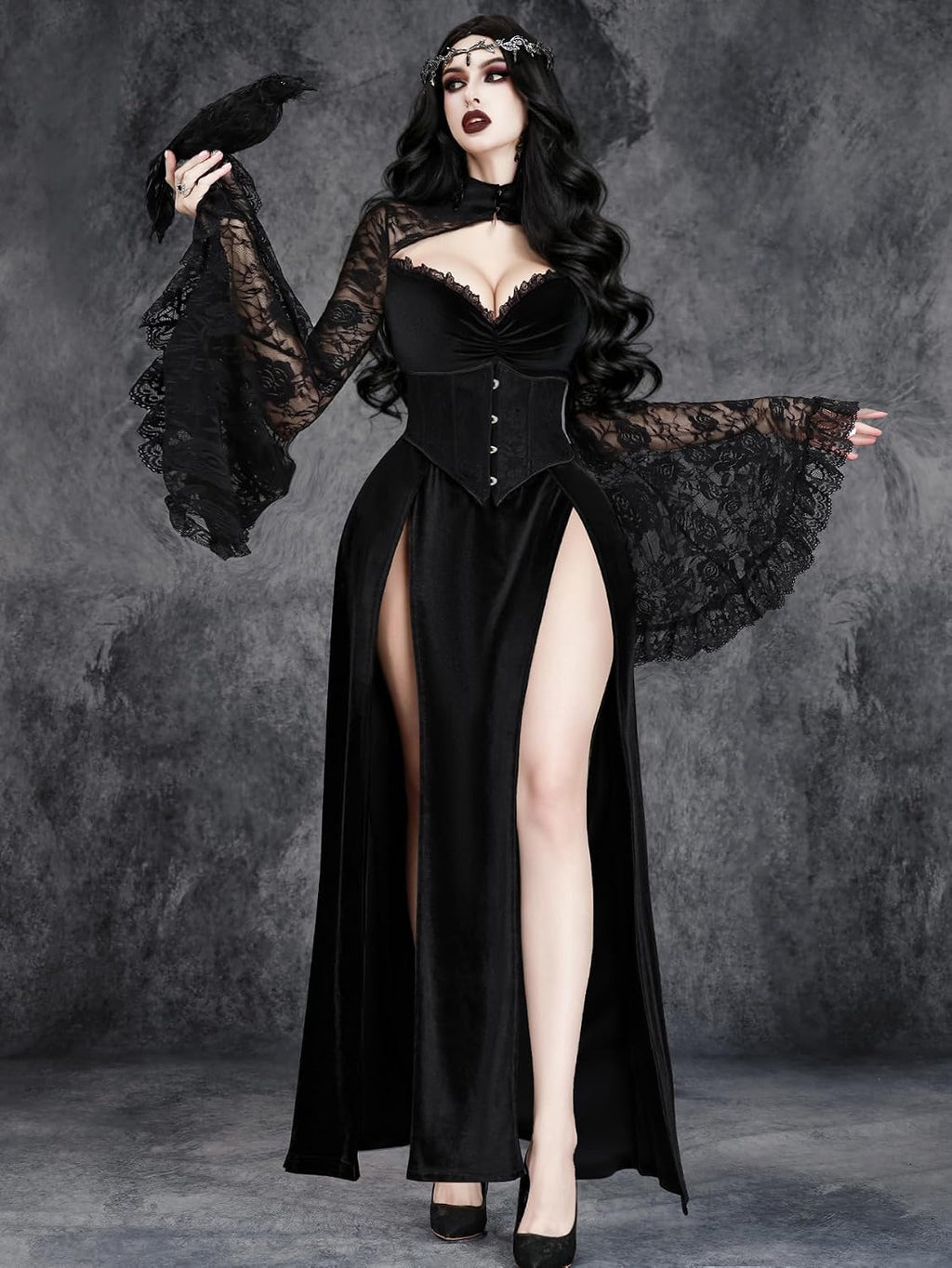 GothDark Gothic Dress for Women Bell Sleeve Lace High Slit Halloween Dress