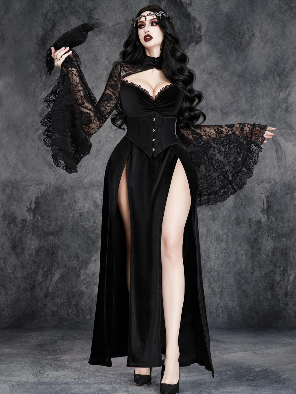 GothDark Gothic Dress for Women Bell Sleeve Lace High Slit Halloween Dress