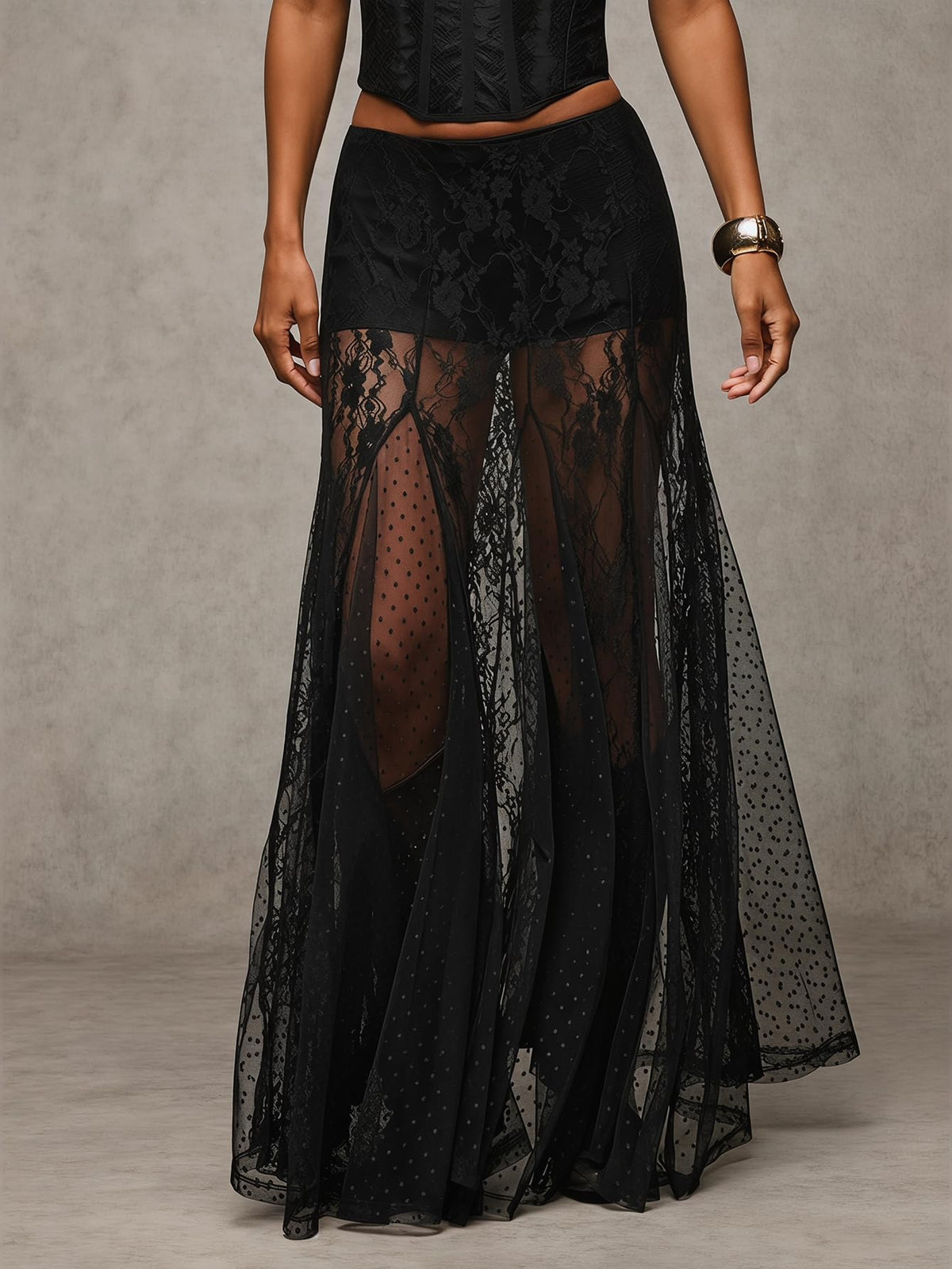 MakeMeChic Women's Lace Sheer Maxi Skirts Polka Dots Ruffle Gothic Skirts