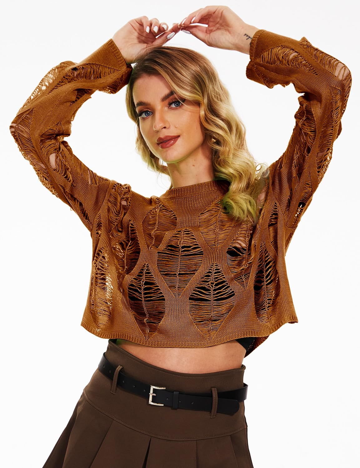 Women's See Through Hole Ripped Crop Tops Knit Pullover Short Sweaters