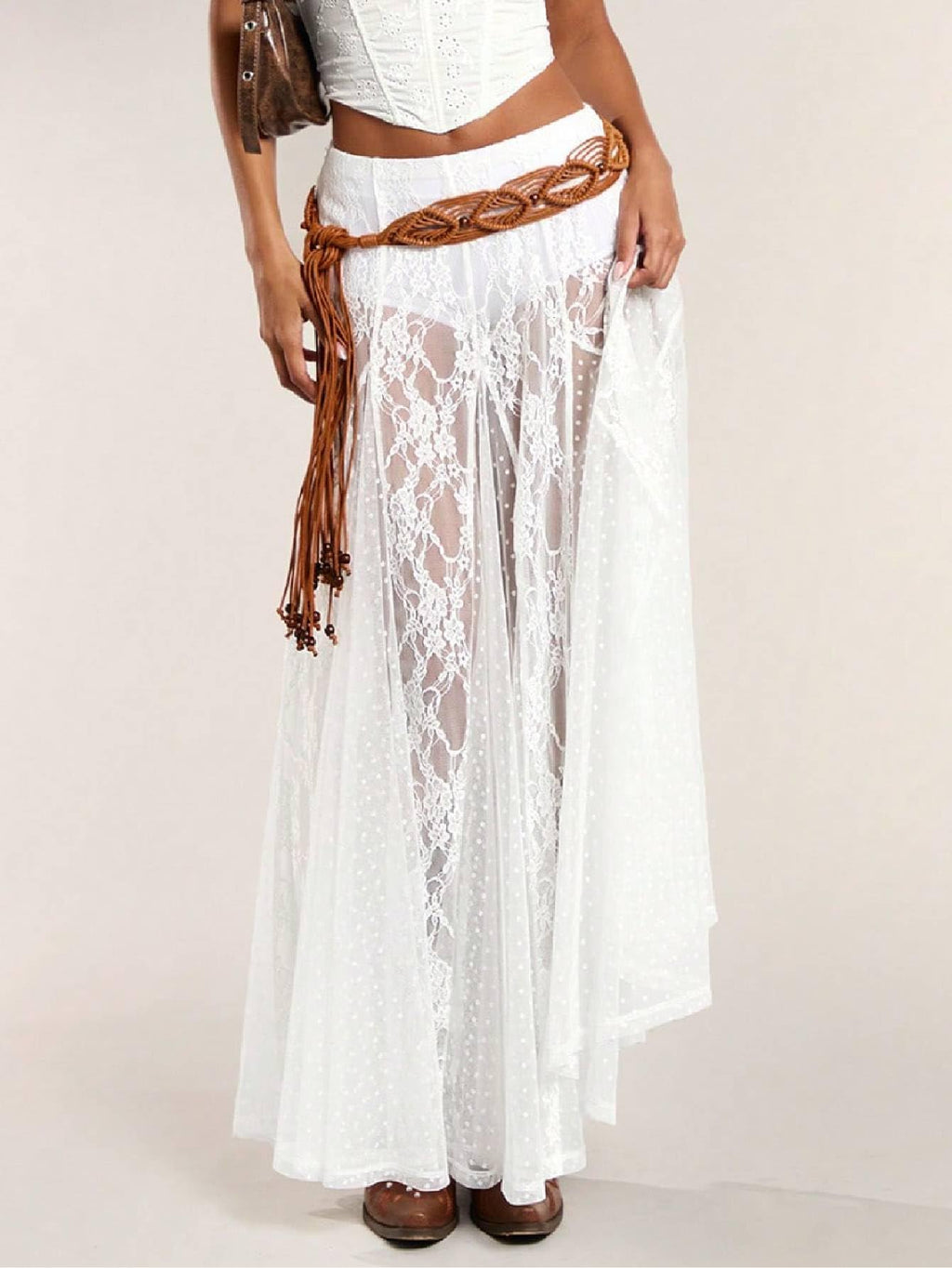 MakeMeChic Women's Lace Sheer Maxi Skirts Polka Dots Ruffle Gothic Skirts