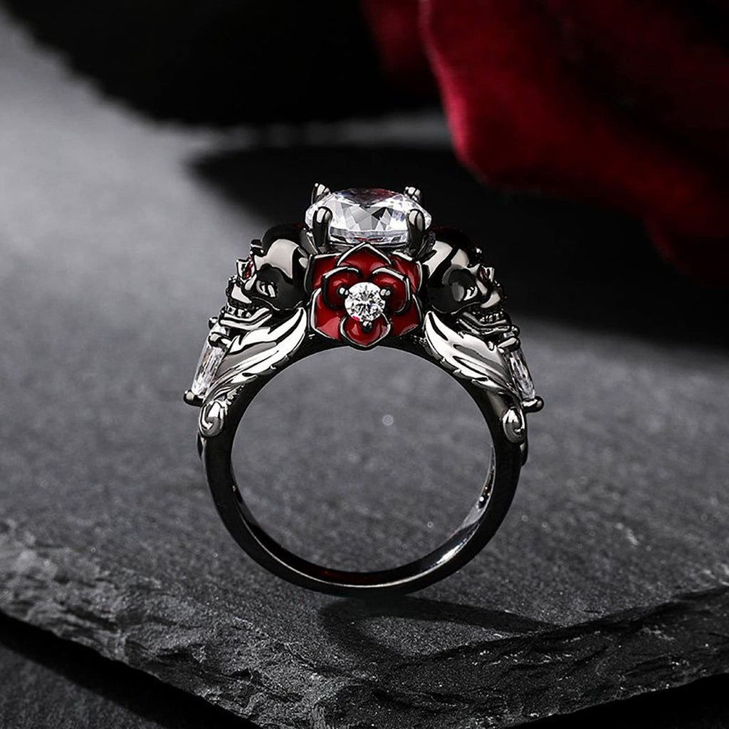 Jeulia 2.55ct Skull Engagement Ring Sets Sterling Silver Heart Cut Red Diamond Ruby Rings Cubic Zirconia Wedding Promise Anniversary Romantic Jewelry for Women Grils Bridal with Gift Box