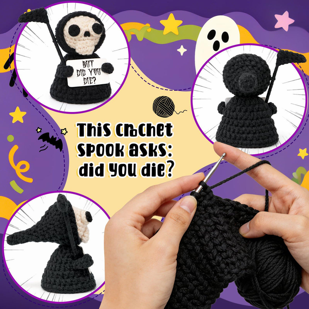 Funny Gothic Grim Reaper Crochet Plush - Spooky Cute Office Decor & Dark Humor Gift - Stay Positive Sarcastic Halloween Basket Stuffers for Coworker Friend White Elephant Adult