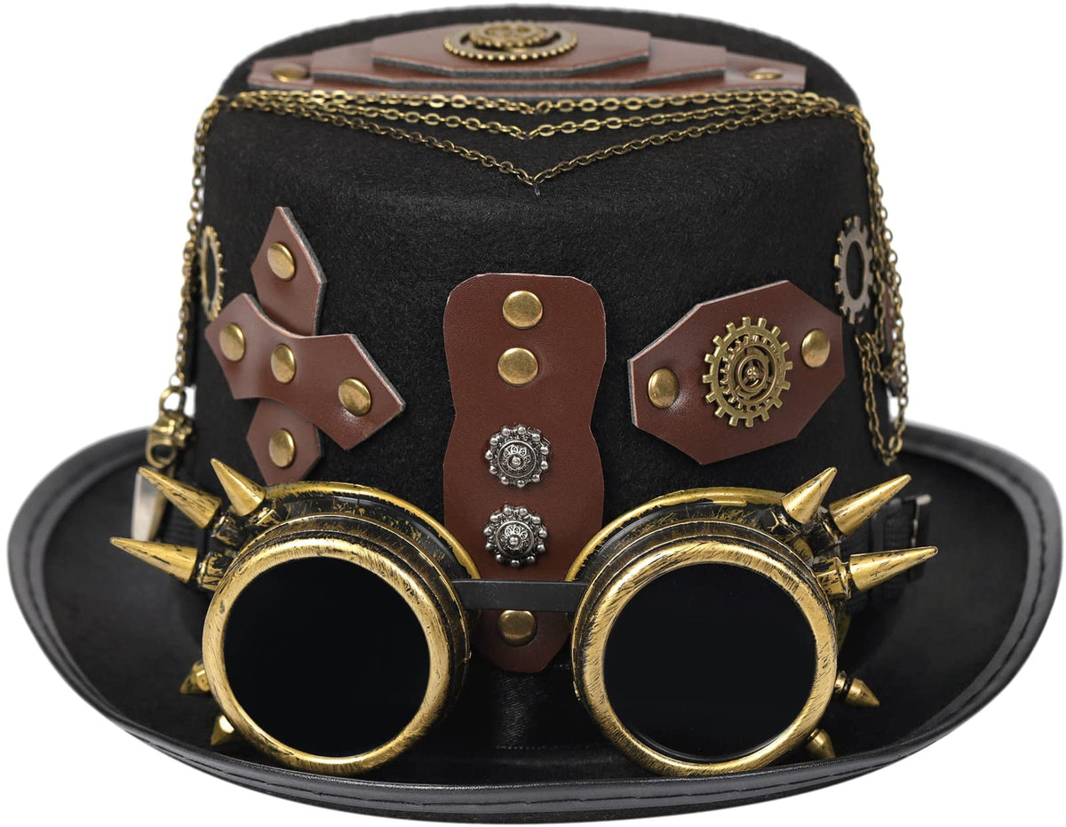 Unisex Gothic Steampunk Top Hats with Goggle Gear Halloween Hat Headwear Men Women