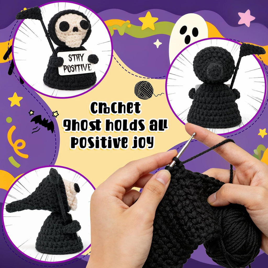 Funny Gothic Grim Reaper Crochet Plush - Spooky Cute Office Decor & Dark Humor Gift - Stay Positive Sarcastic Halloween Basket Stuffers for Coworker Friend White Elephant Adult