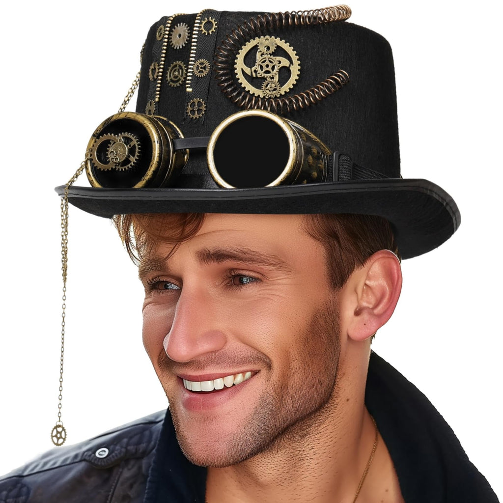Unisex Gothic Steampunk Top Hats with Goggle Gear Halloween Hat Headwear Men Women