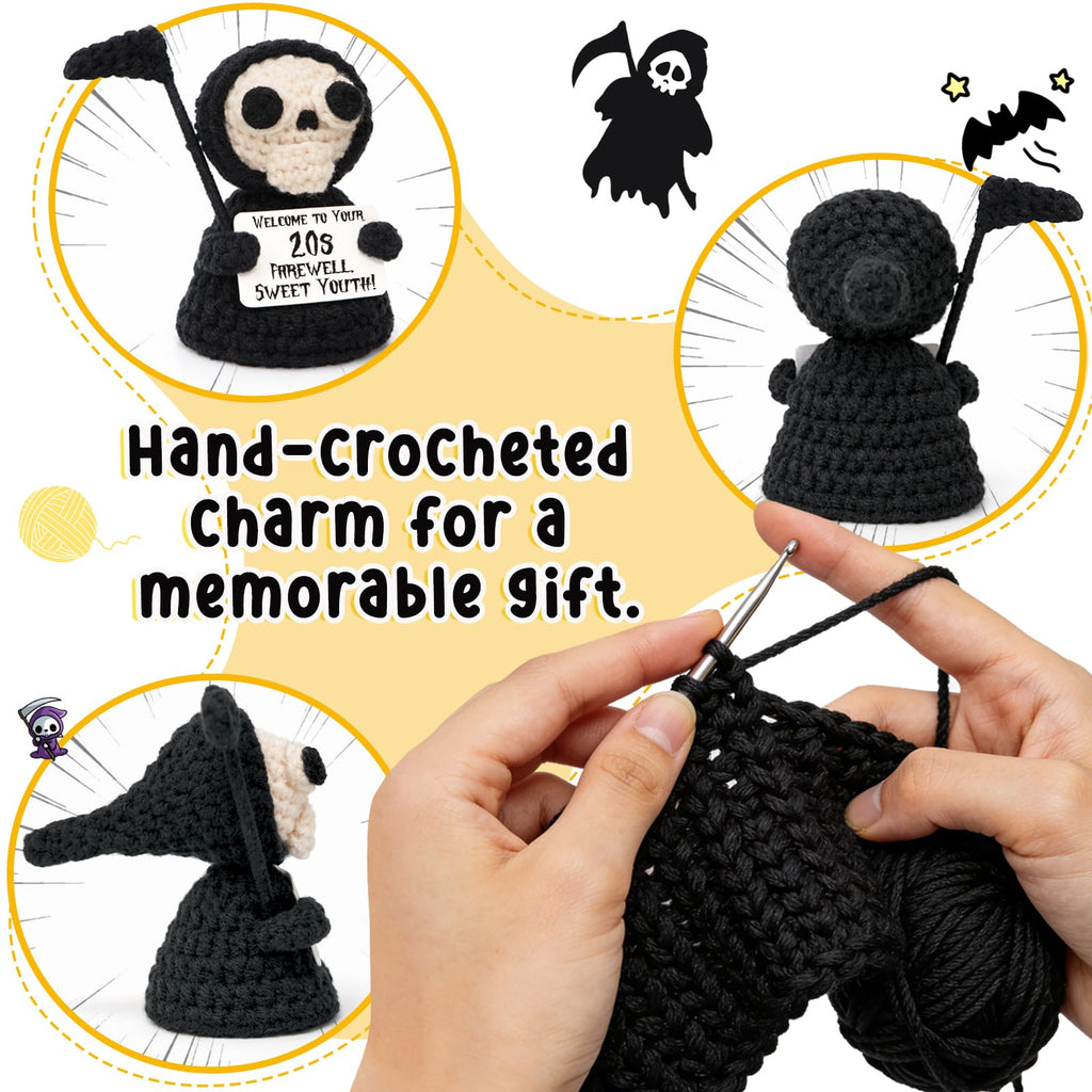 Funny Gothic Grim Reaper Crochet Plush - Spooky Cute Office Decor & Dark Humor Gift - Stay Positive Sarcastic Halloween Basket Stuffers for Coworker Friend White Elephant Adult
