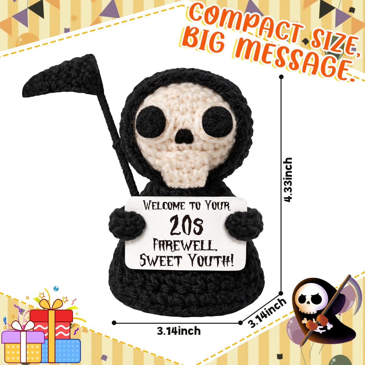 Funny Gothic Grim Reaper Crochet Plush - Spooky Cute Office Decor & Dark Humor Gift - Stay Positive Sarcastic Halloween Basket Stuffers for Coworker Friend White Elephant Adult