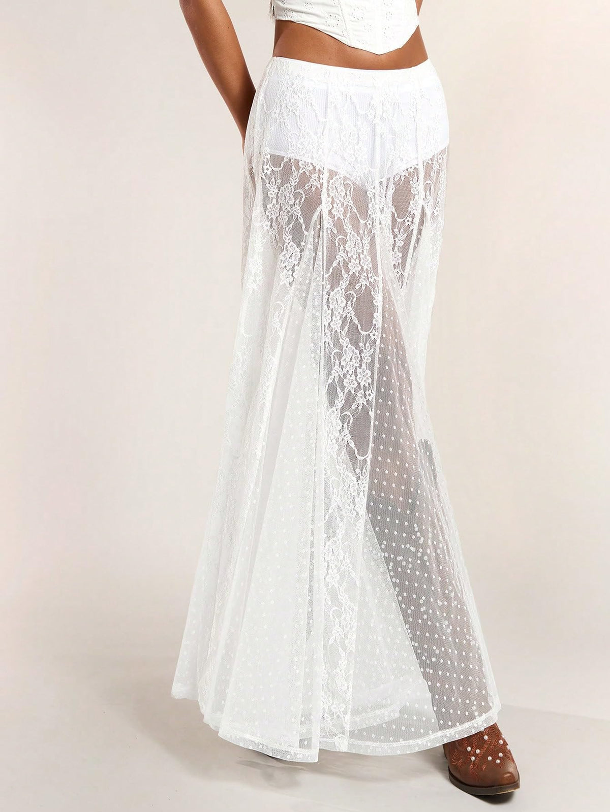 MakeMeChic Women's Lace Sheer Maxi Skirts Polka Dots Ruffle Gothic Skirts