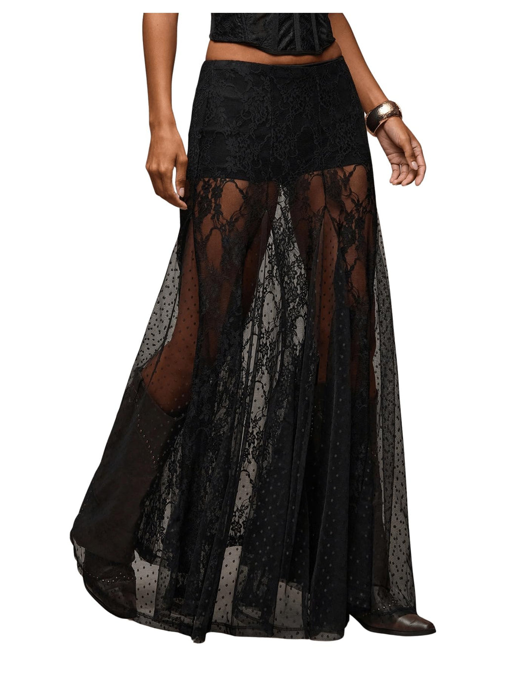 MakeMeChic Women's Lace Sheer Maxi Skirts Polka Dots Ruffle Gothic Skirts