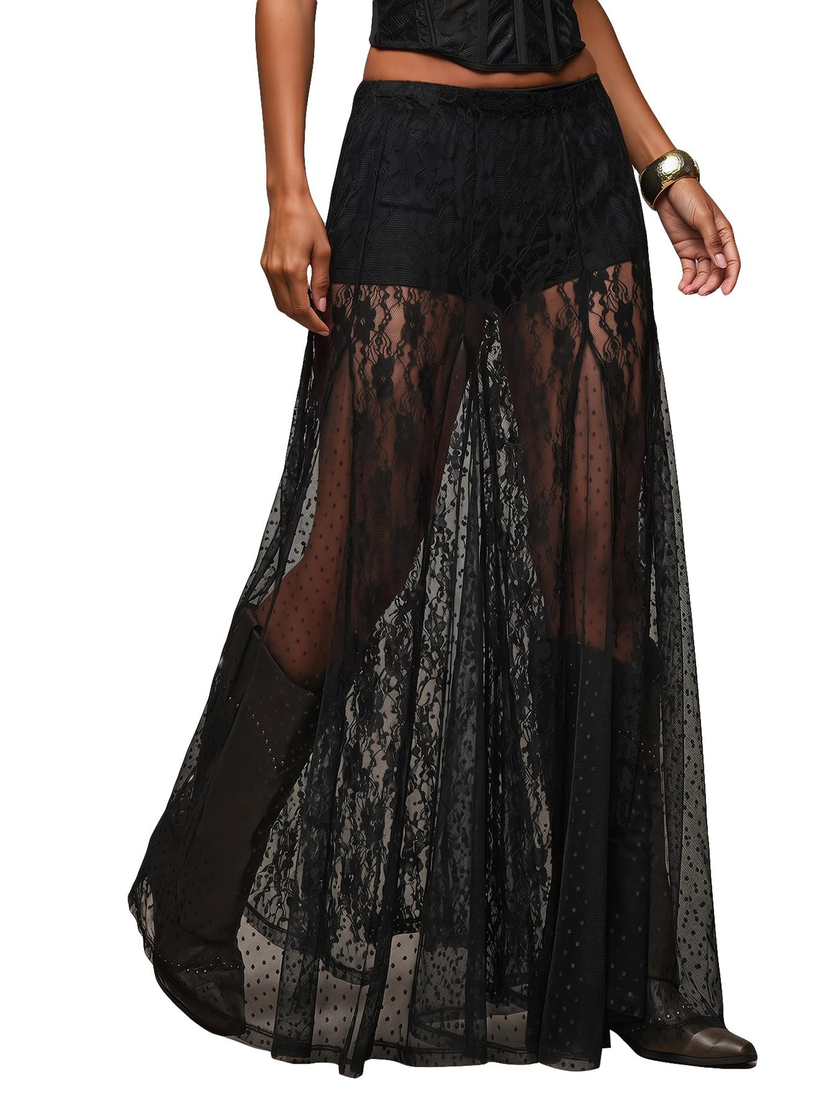 MakeMeChic Women's Lace Sheer Maxi Skirts Polka Dots Ruffle Gothic Skirts