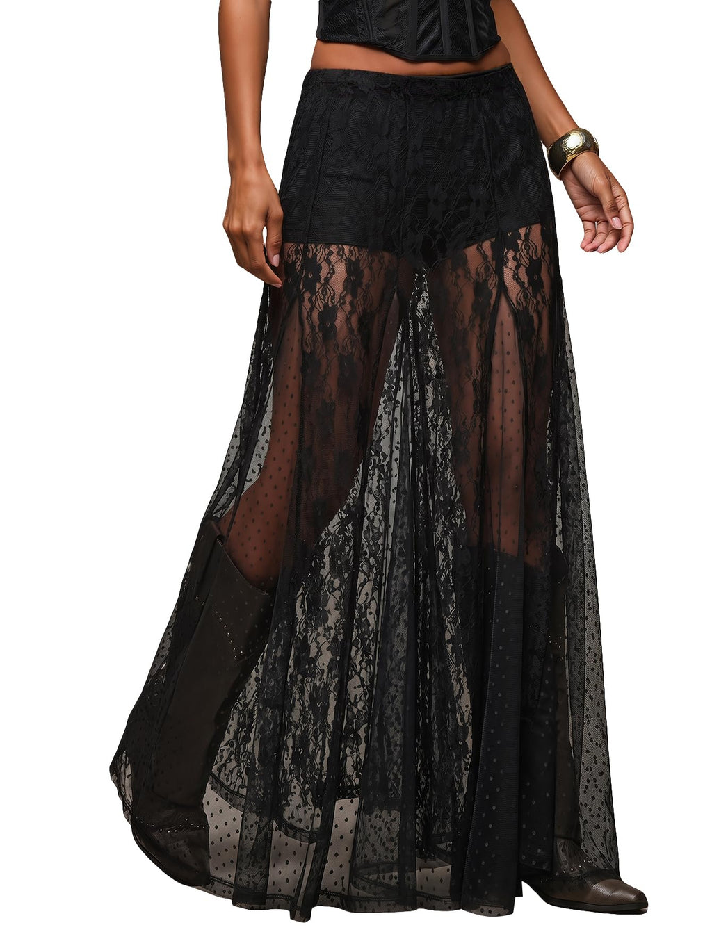MakeMeChic Women's Lace Sheer Maxi Skirts Polka Dots Ruffle Gothic Skirts