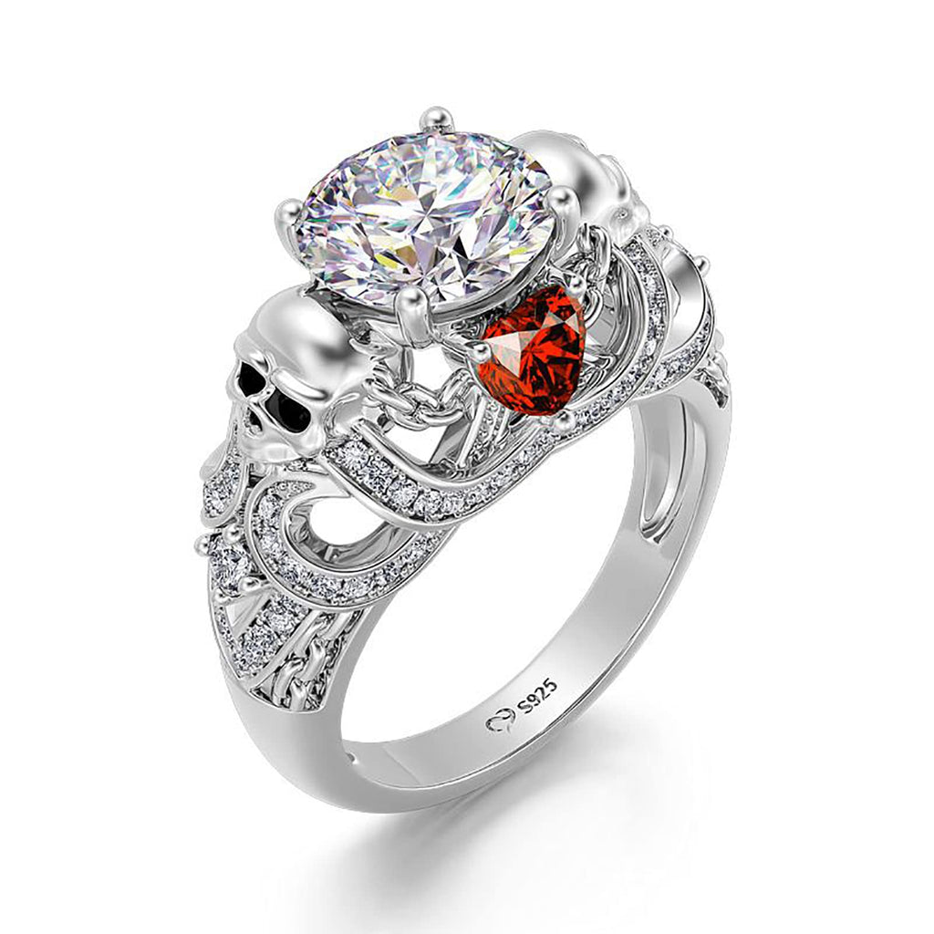 Jeulia 2.55ct Skull Engagement Ring Sets Sterling Silver Heart Cut Red Diamond Ruby Rings Cubic Zirconia Wedding Promise Anniversary Romantic Jewelry for Women Grils Bridal with Gift Box