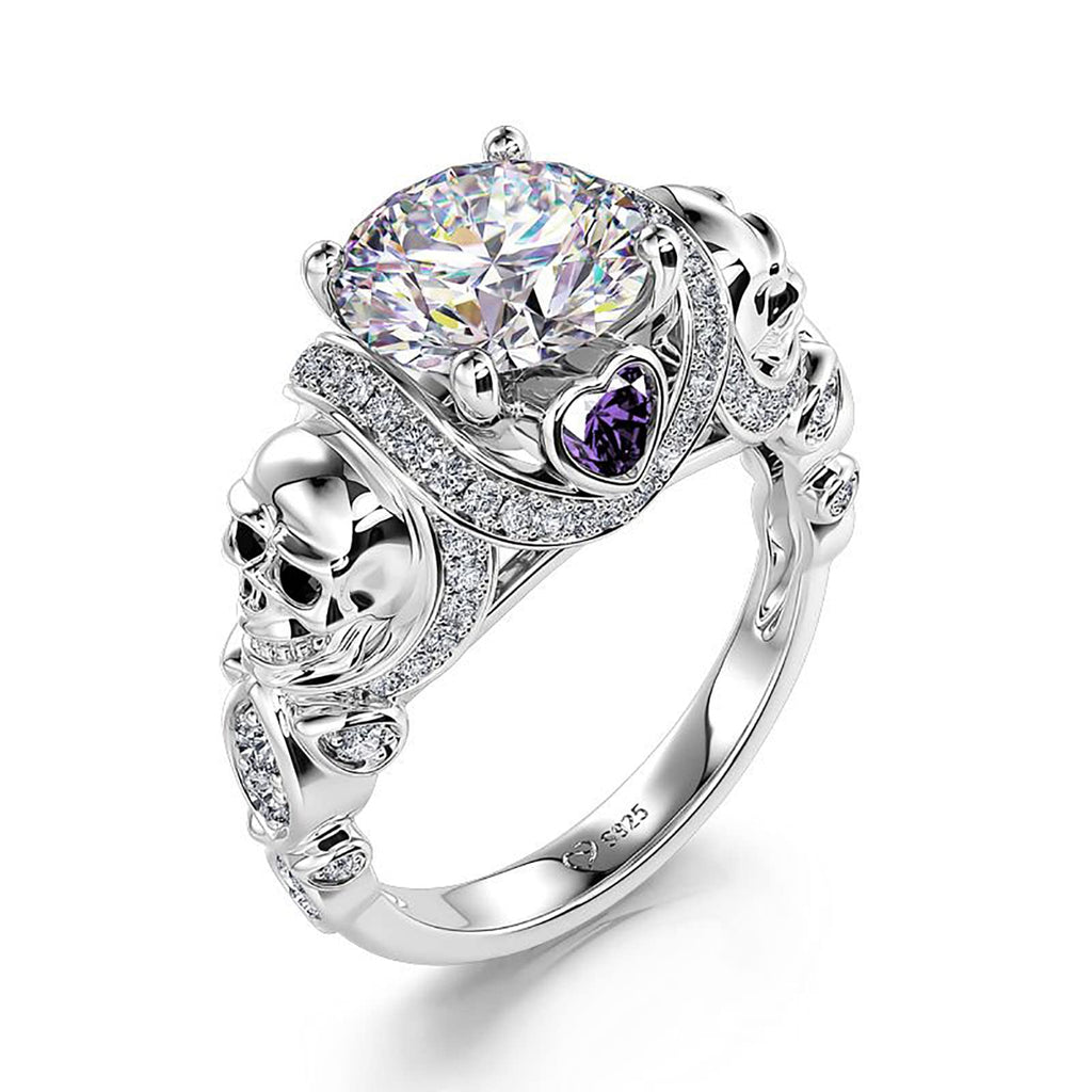 Jeulia 2.55ct Skull Engagement Ring Sets Sterling Silver Heart Cut Red Diamond Ruby Rings Cubic Zirconia Wedding Promise Anniversary Romantic Jewelry for Women Grils Bridal with Gift Box