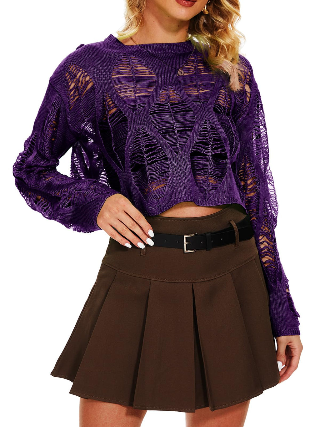 Women's See Through Hole Ripped Crop Tops Knit Pullover Short Sweaters