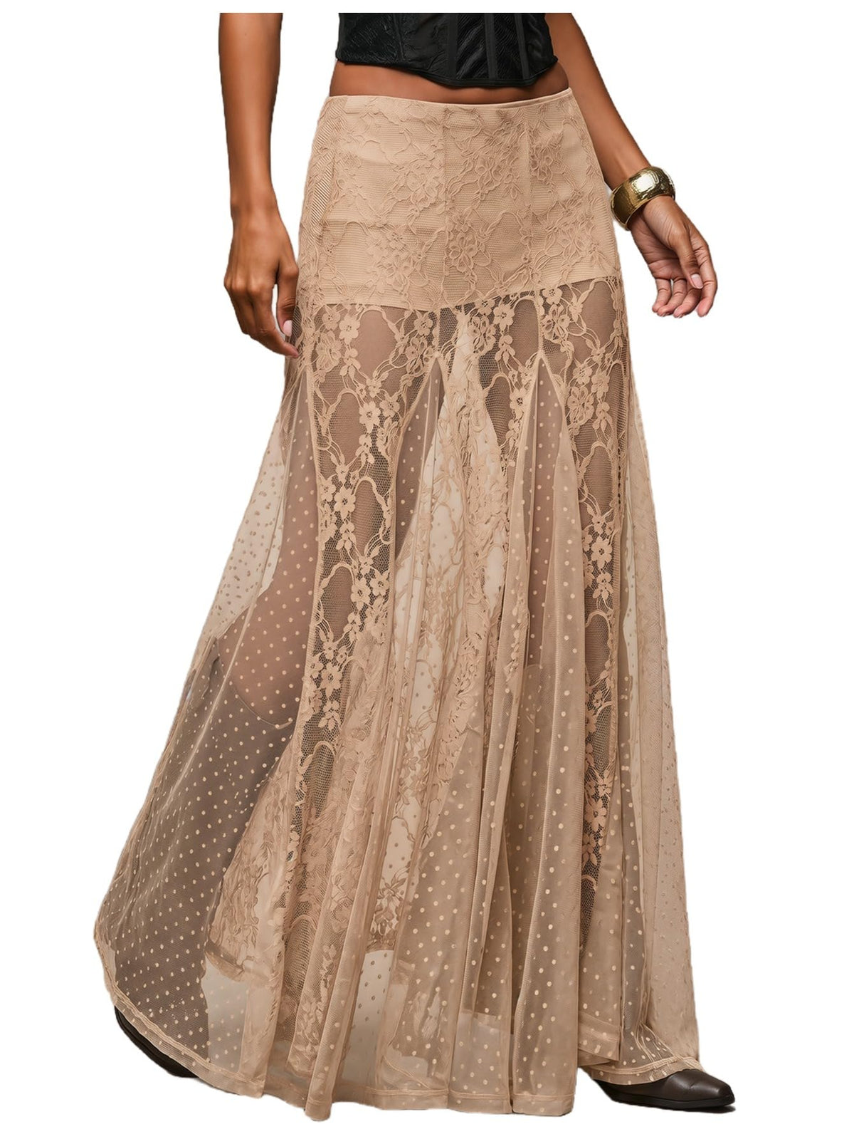MakeMeChic Women's Lace Sheer Maxi Skirts Polka Dots Ruffle Gothic Skirts