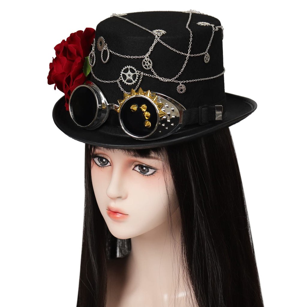 Unisex Gothic Steampunk Top Hats with Goggle Gear Halloween Hat Headwear Men Women