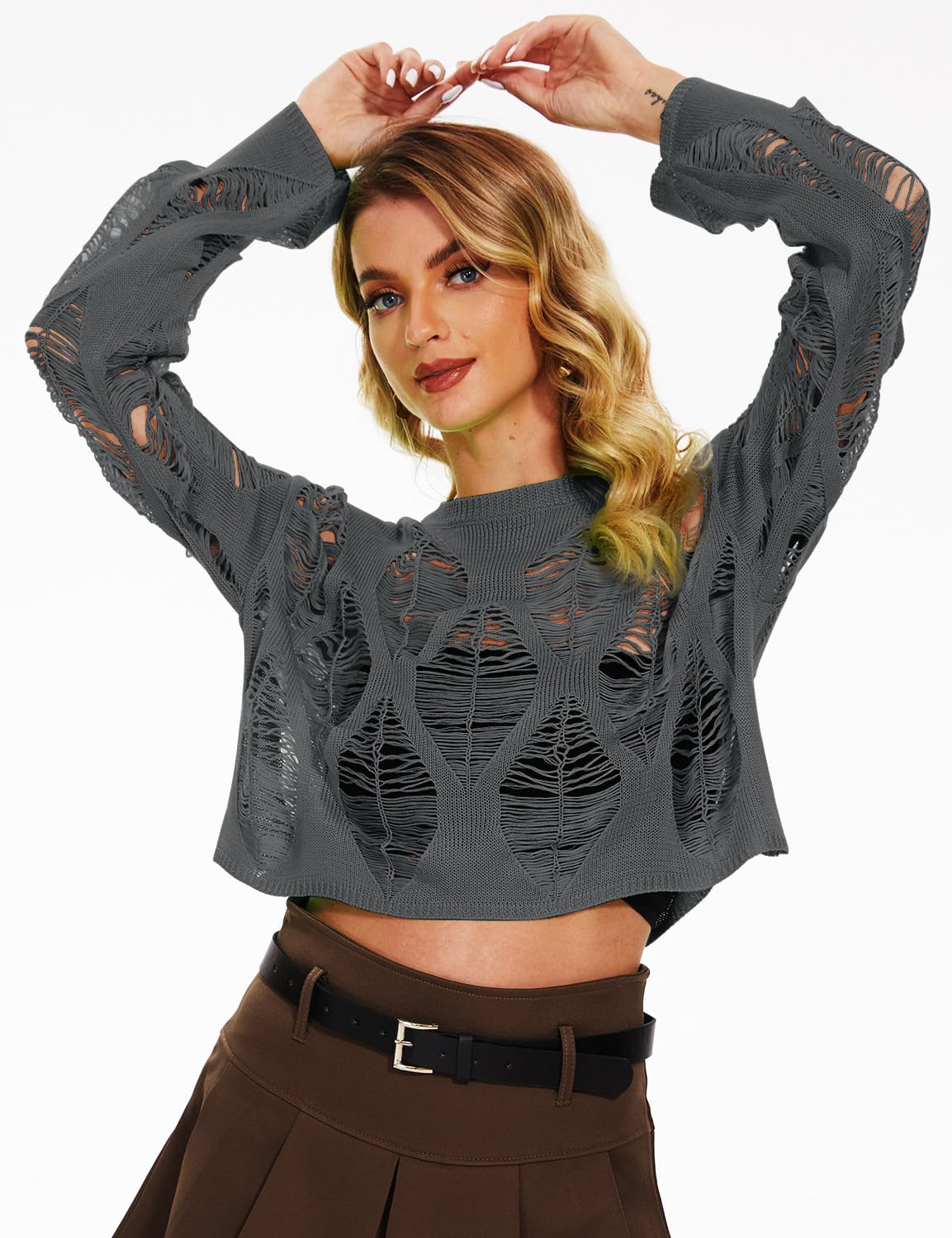 Women's See Through Hole Ripped Crop Tops Knit Pullover Short Sweaters