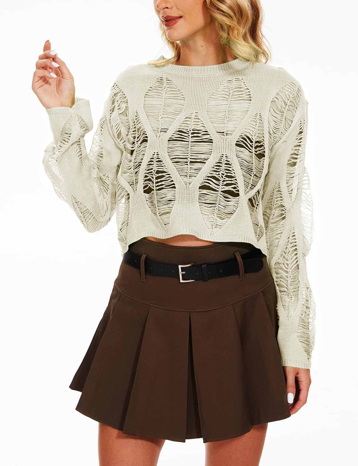 Women's See Through Hole Ripped Crop Tops Knit Pullover Short Sweaters
