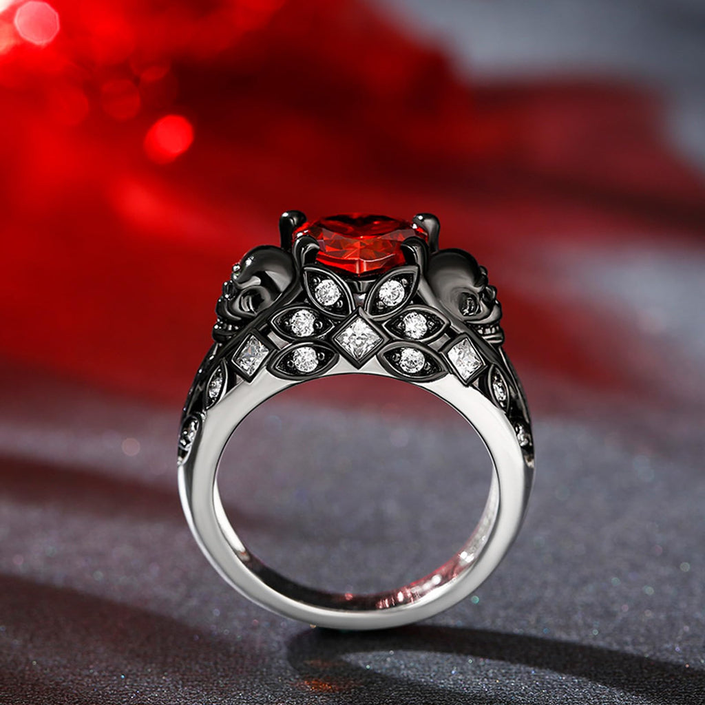 Jeulia 2.55ct Skull Engagement Ring Sets Sterling Silver Heart Cut Red Diamond Ruby Rings Cubic Zirconia Wedding Promise Anniversary Romantic Jewelry for Women Grils Bridal with Gift Box