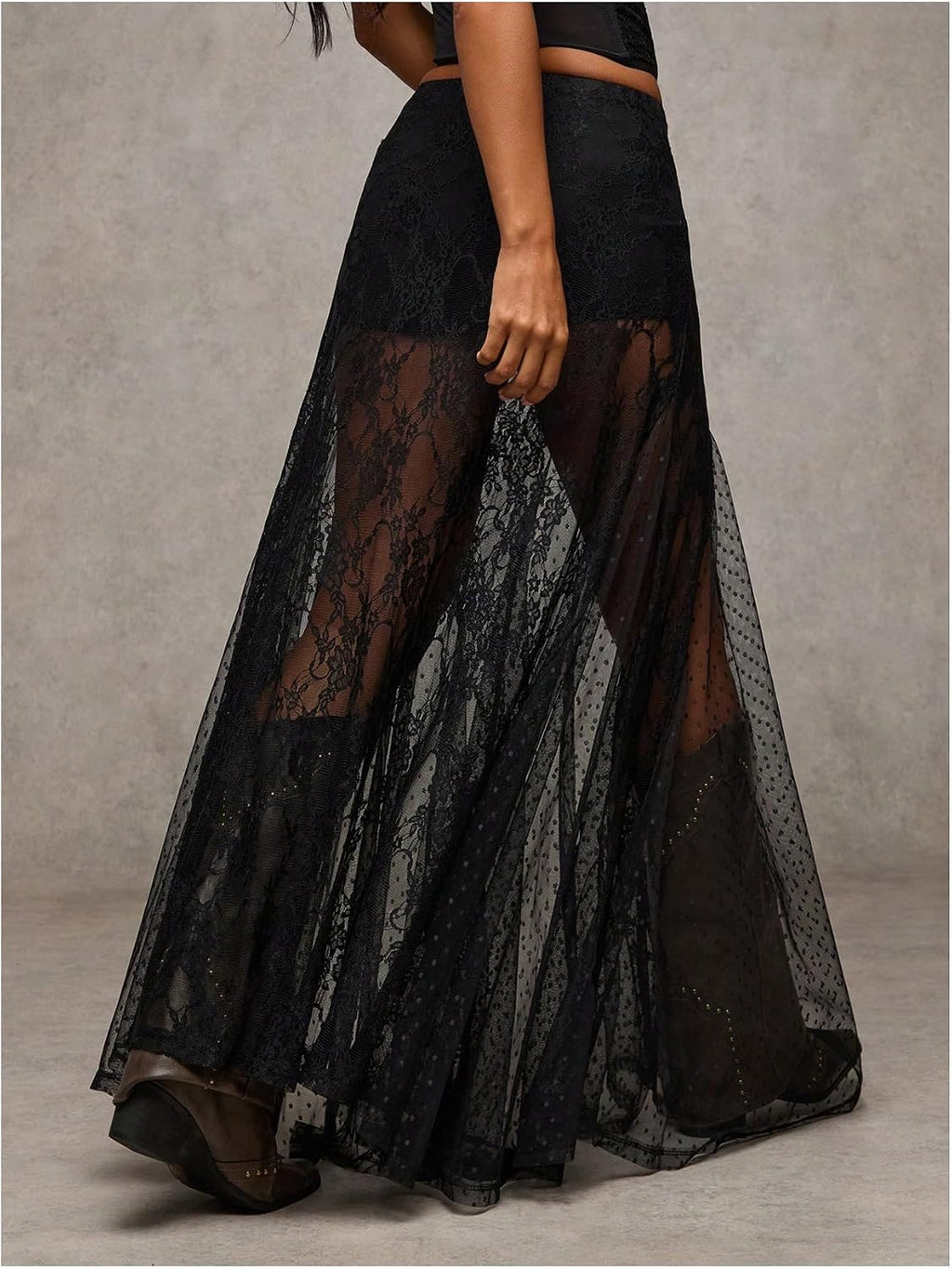 MakeMeChic Women's Lace Sheer Maxi Skirts Polka Dots Ruffle Gothic Skirts