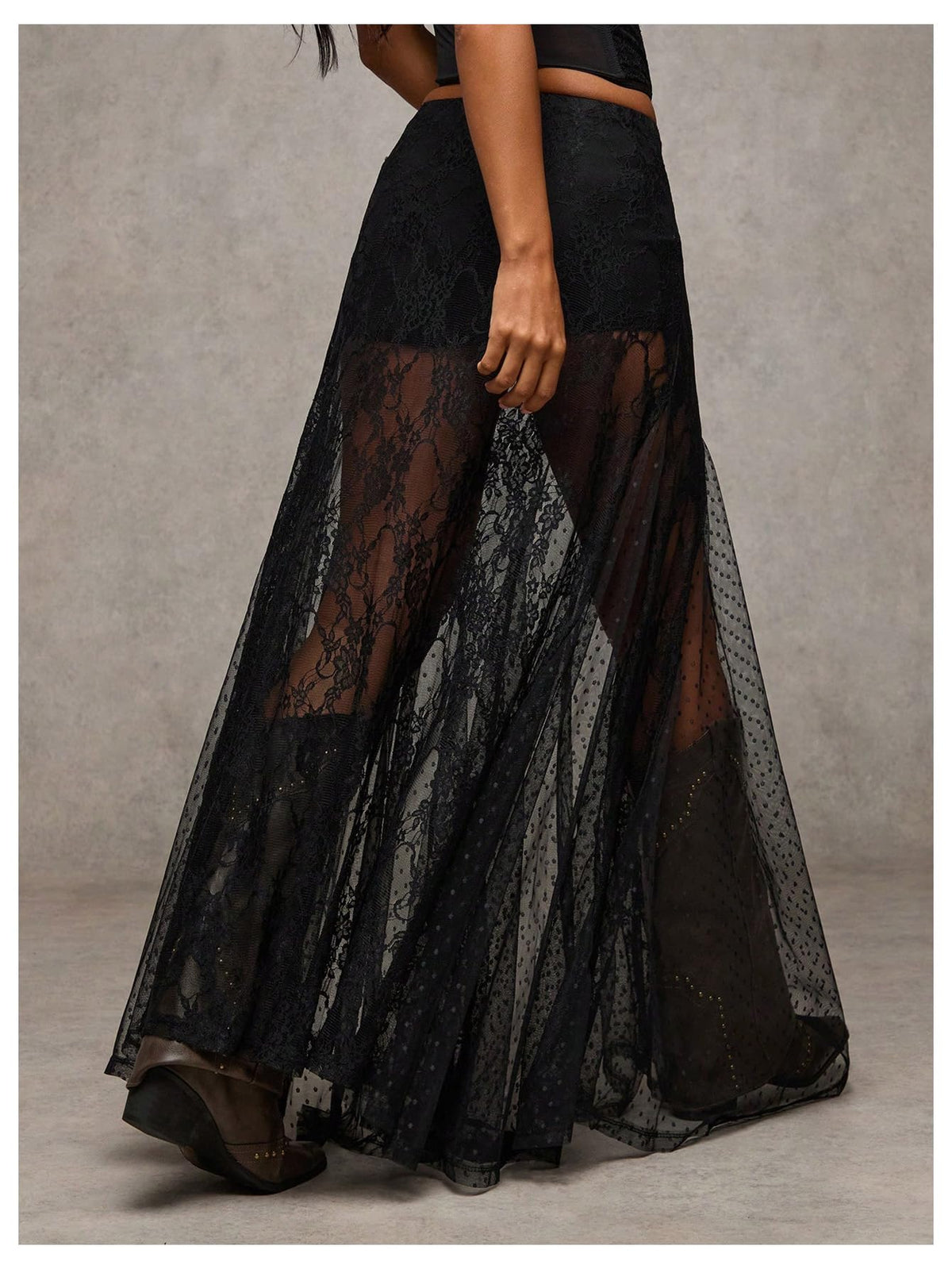 MakeMeChic Women's Lace Sheer Maxi Skirts Polka Dots Ruffle Gothic Skirts