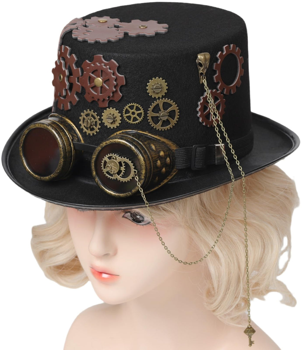 Unisex Gothic Steampunk Top Hats with Goggle Gear Halloween Hat Headwear Men Women