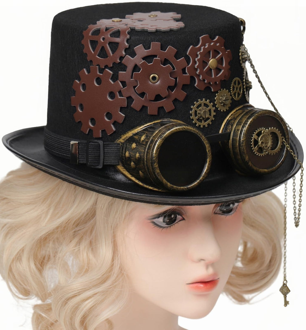 Unisex Gothic Steampunk Top Hats with Goggle Gear Halloween Hat Headwear Men Women