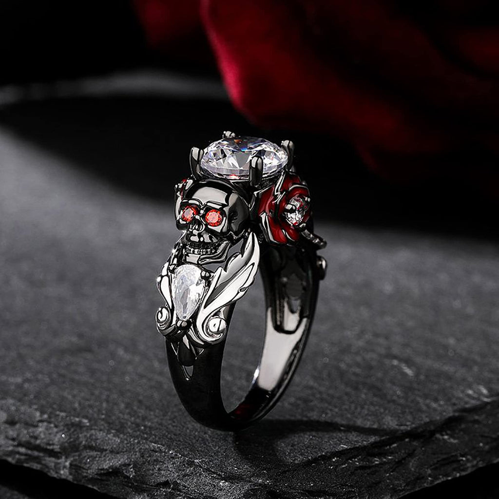 Jeulia 2.55ct Skull Engagement Ring Sets Sterling Silver Heart Cut Red Diamond Ruby Rings Cubic Zirconia Wedding Promise Anniversary Romantic Jewelry for Women Grils Bridal with Gift Box