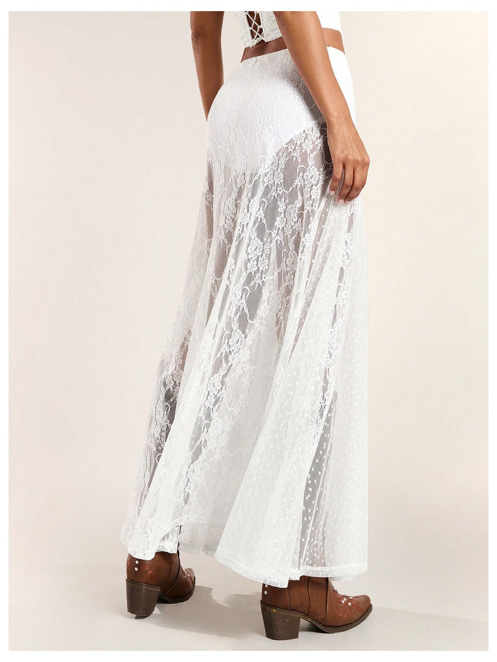 MakeMeChic Women's Lace Sheer Maxi Skirts Polka Dots Ruffle Gothic Skirts