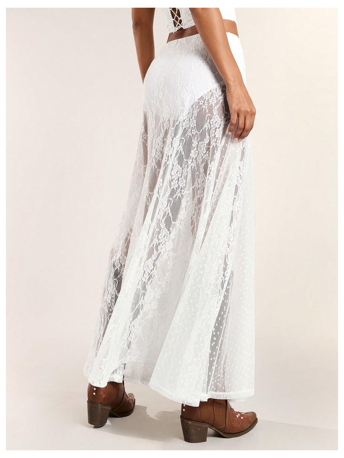 MakeMeChic Women's Lace Sheer Maxi Skirts Polka Dots Ruffle Gothic Skirts